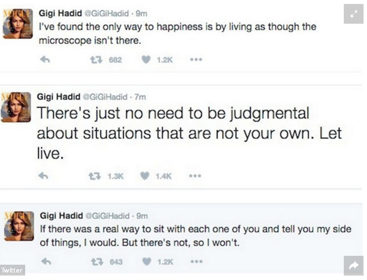 Gigi Hadid Defiende en Twitter su Relación con Zayn Malik