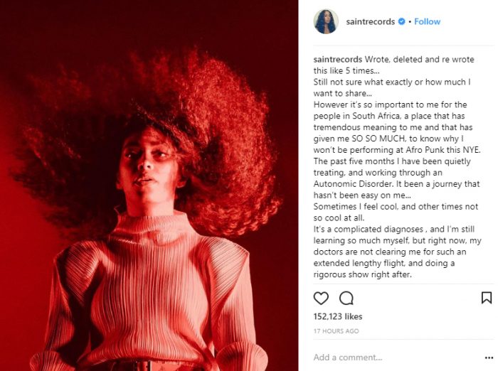 Solange Knowles explica la enfermedad que padece y cancela su concierto de Fin de Año