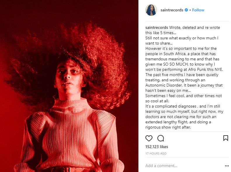 Solange Knowles explica la enfermedad que padece y cancela su concierto de Fin de Año